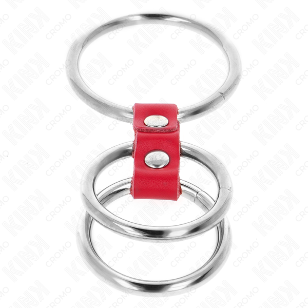KINK - ANEL DE PÃNIS TRIPLO DE METAL DE 3,7 CM A 5 CM CONECTADO COM COURO VERMELHO - Imagen 4