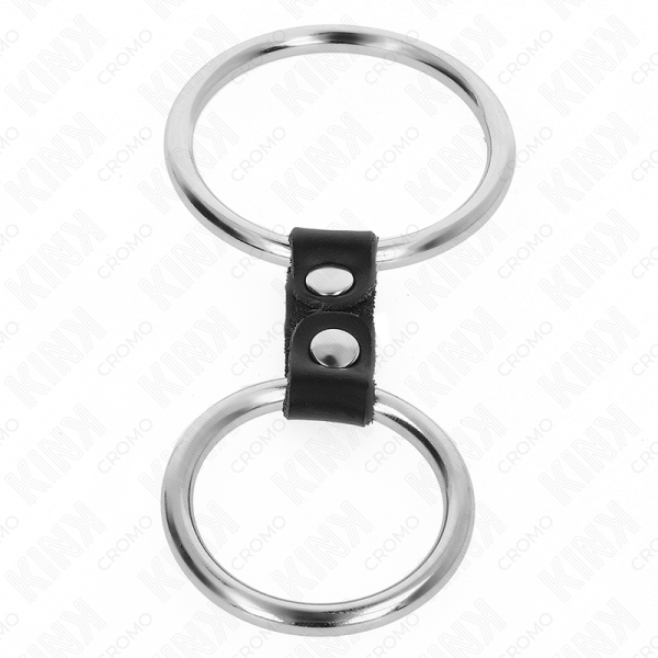 KINK - ANEL DE PÃNIS DUPLO DE METAL 3,7 CM A 5 CM CONECTADO POR TIRA DE COURO MODELO 2 - Imagen 3