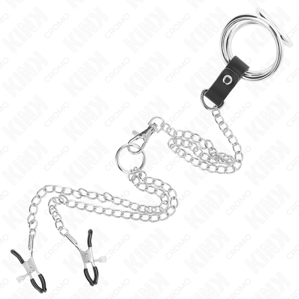 KINK - ANEL DE PÃNIS TRIPLO DE METAL CROMADO DE 3,8 CM A 5 CM COM CORRENTE DE METAL DE 26 CM E GRAMPOS DE MAMILOS MODELO 1 - Imagen 5