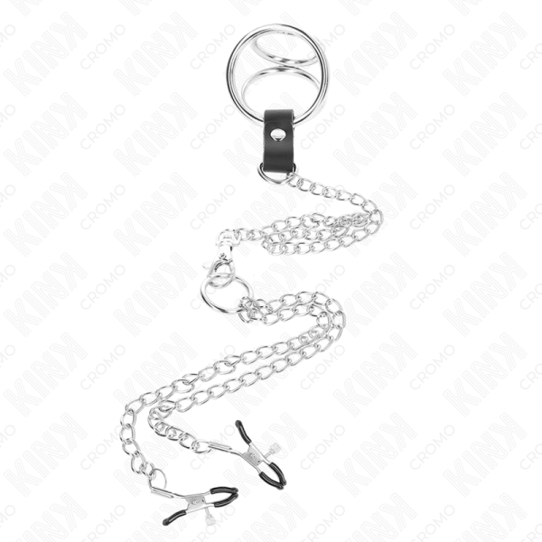 KINK - ANEL DE PÃNIS DE METAL TRIPLO CROMADO DE 3 CM A 4,5 CM COM CORRENTE DE METAL DE 26 CM E CLIPES DE MAMILO - Imagen 3