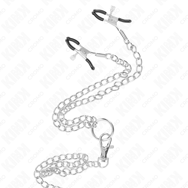 KINK - ANEL DE PÃNIS DE METAL TRIPLO CROMADO DE 3 CM A 4,5 CM COM CORRENTE DE METAL DE 26 CM E CLIPES DE MAMILO - Imagen 4