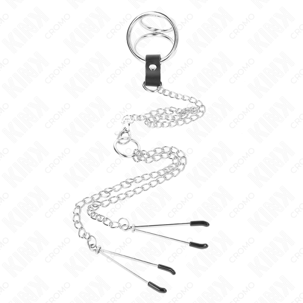 KINK - ANEL DE PÃNIS TRIPLO DE METAL CROMADO DE 3,8 CM A 5 CM COM CORRENTE DE METAL DE 26 CM E GRAMPOS DE MAMILOS MODELO 2 - Imagen 3