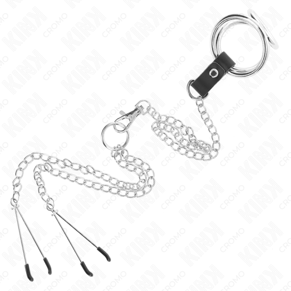 KINK - ANEL DE PÃNIS TRIPLO DE METAL CROMADO DE 3,8 CM A 5 CM COM CORRENTE DE METAL DE 26 CM E GRAMPOS DE MAMILOS MODELO 2 - Imagen 5
