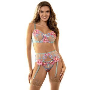 SUBBLIME - 954116 SUTIÃ + CALCINHA COM CINTO-LIGA DESIGN FLORAL AZUL L/XL