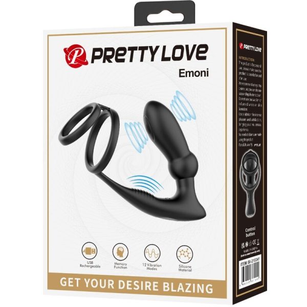 PRETTY LOVE - ANEL PENIS EMONI + PLUG ANAL 12 VIBRAÃÃES PRETO - Imagen 8