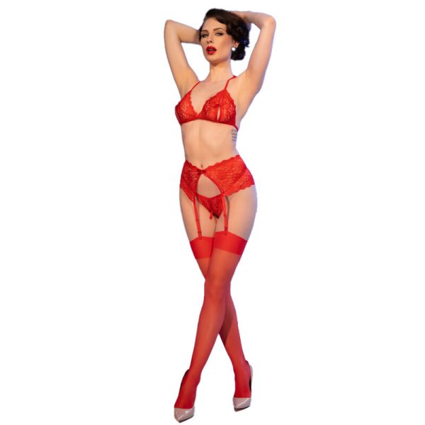 CHILIROSE - CR 4848 CONJUNTO DE SUTIÃ DE RENDA VERMELHA + TANGA + MEIAS - Imagen 4