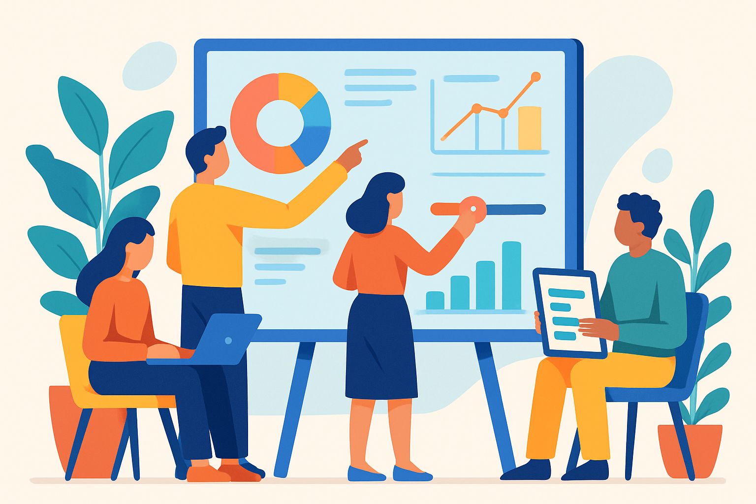 A SaaS marketing team collaborates around a large screen, adjusting PPC budgets with performance data in a modern workspace.