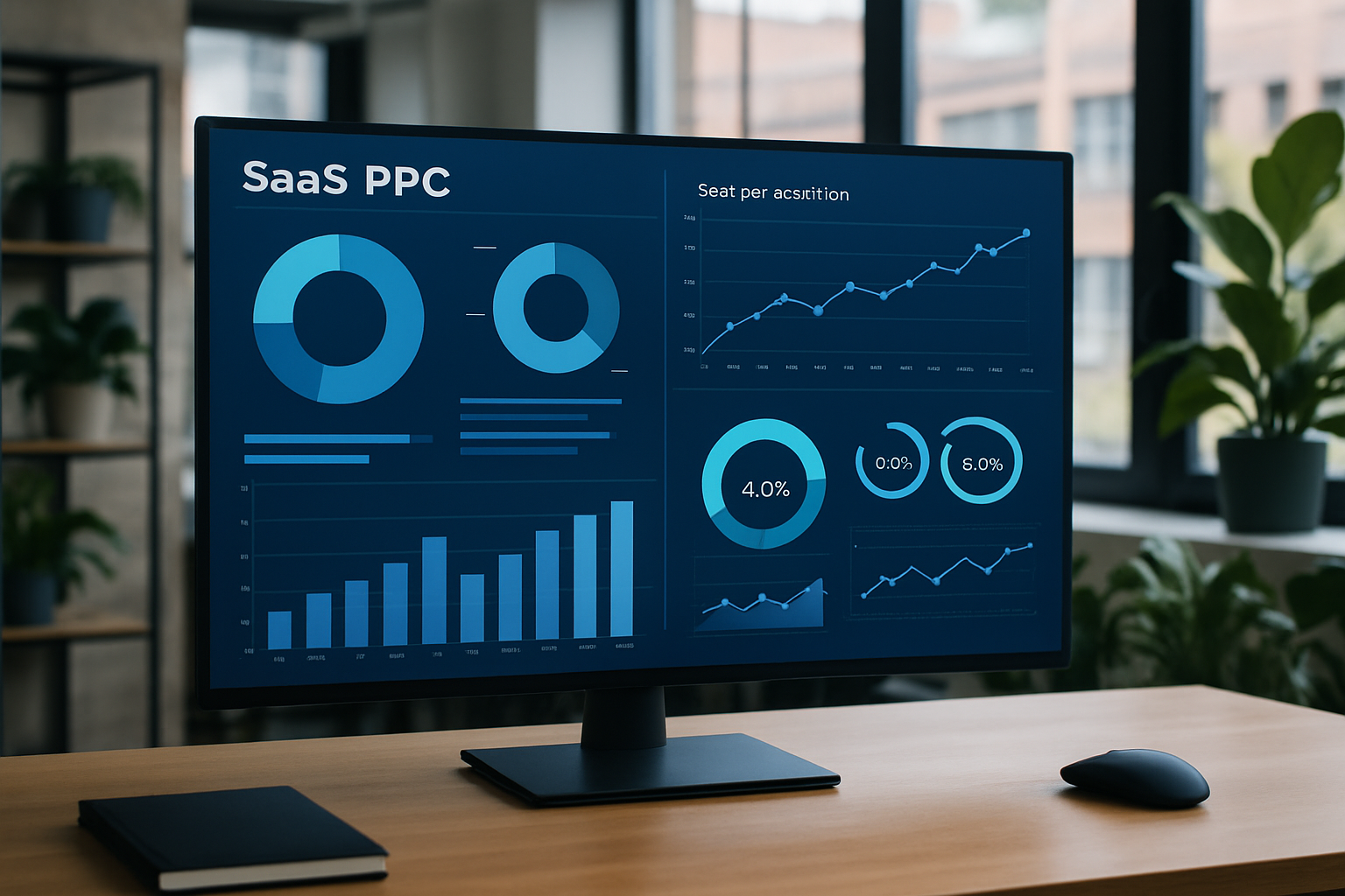 A SaaS PPC campaign dashboard with performance graphs for budget, CPA, and conversion metrics, set in a modern startup office.