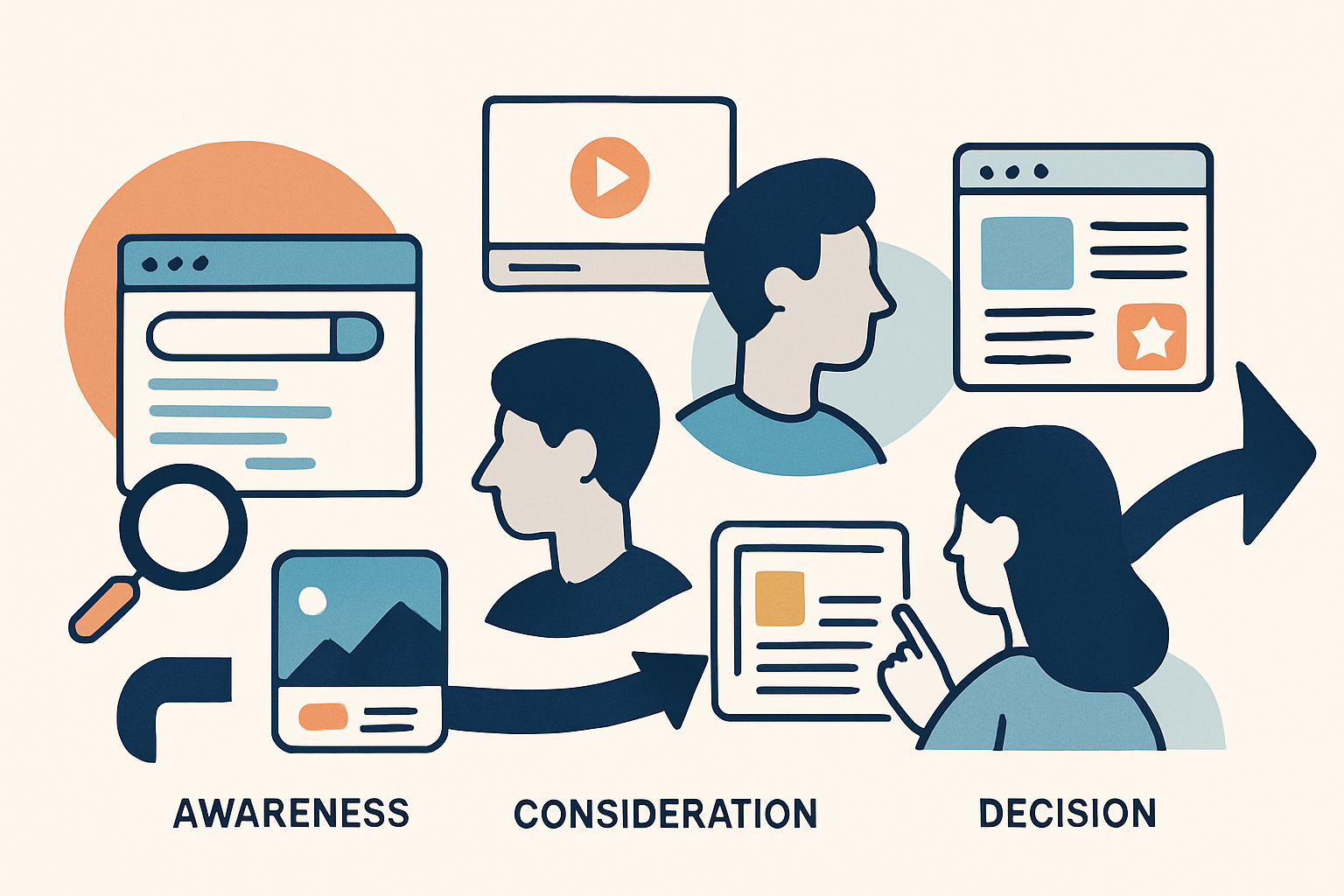 Diagram of a SaaS user journey with diverse PPC ad formats mapped to stages from awareness through decision