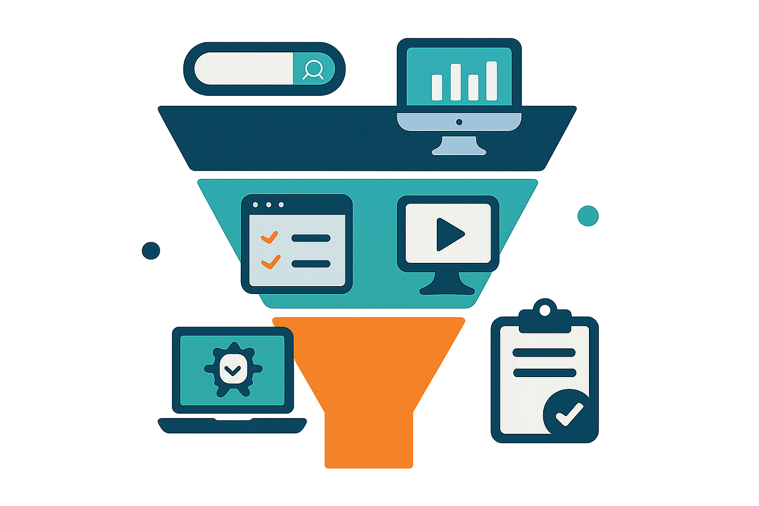 SaaS PPC funnel diagram showing awareness, evaluation, and decision stages with icons for search, compare, demo, and trial.