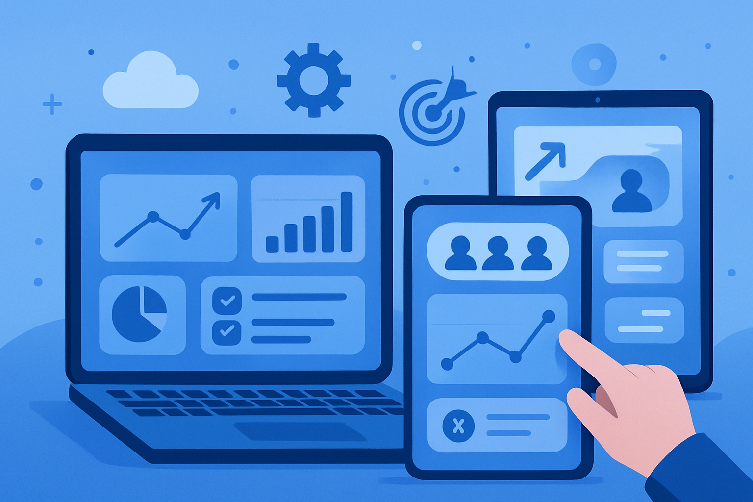 Illustration of a SaaS dashboard analytics on devices showing signup rates and retargeting performance.
