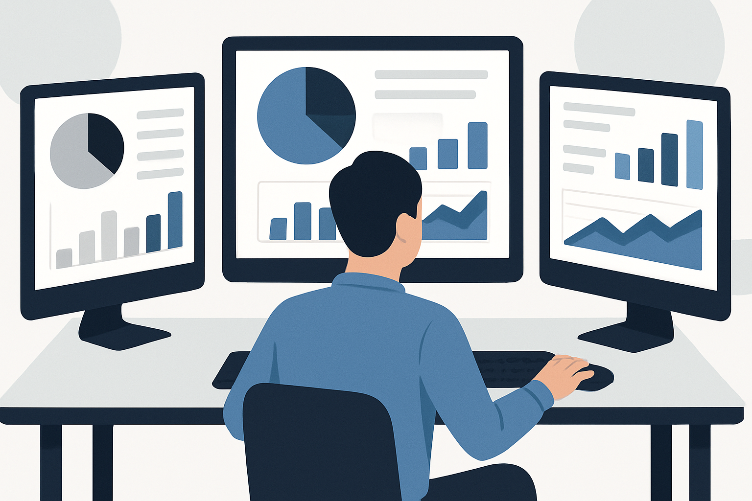 A SaaS marketer reviewing dashboards for Google Ads, LinkedIn, and a niche platform, with data charts displayed