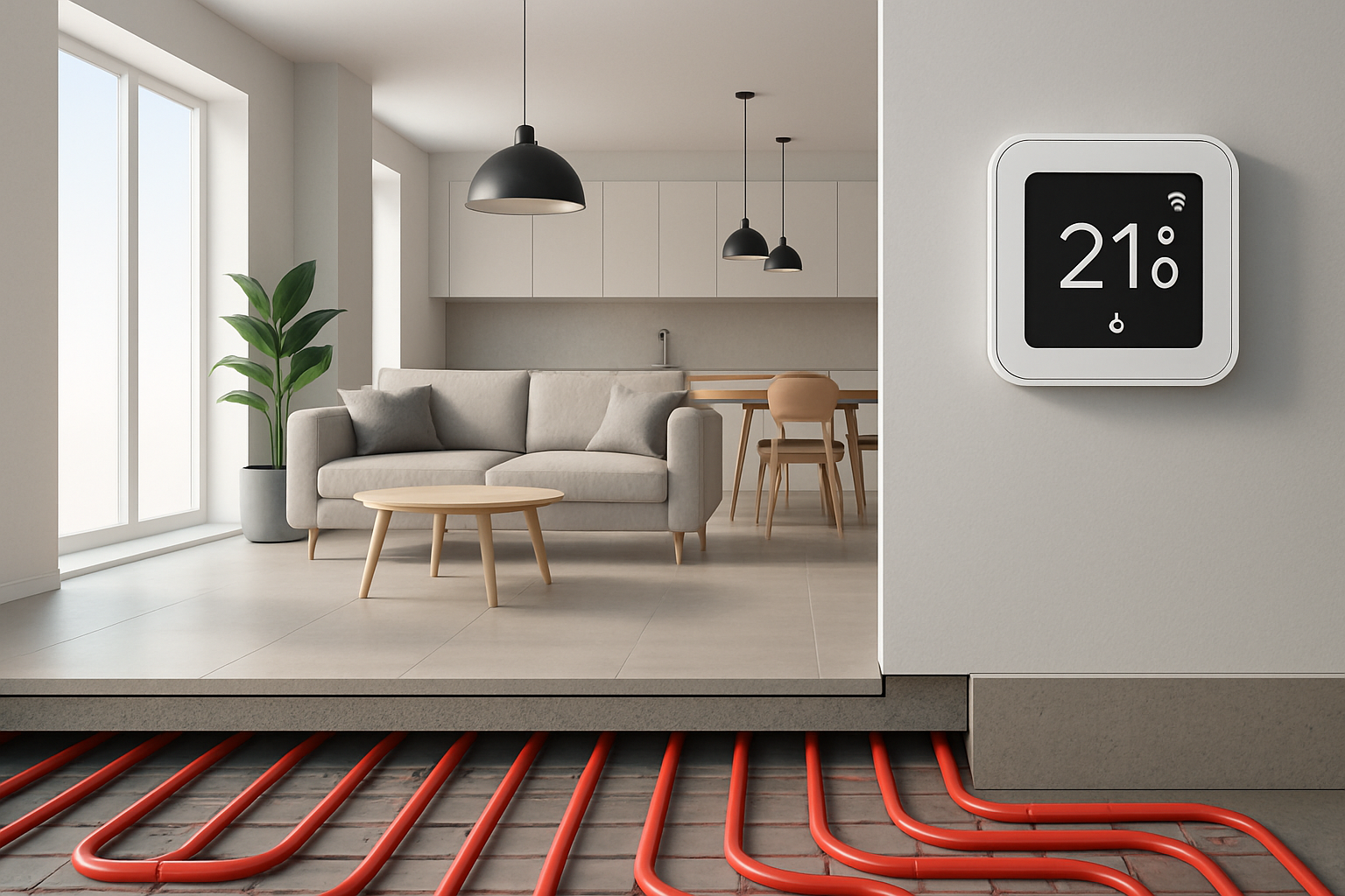Cutaway view of a modern home with water-based underfloor heating pipes and smart thermostat controls.