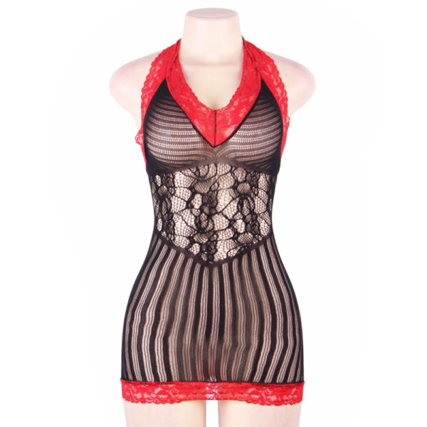 RAINHA LINGERIE CROTCHET MESH HOLLOW OUT BLACK AND RED CHEMISE SL - Image 5