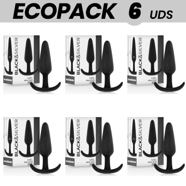 ECOPACK 6 UNIDADES - PLUG ANAL DE SILICONE BLACK&SILVER KAEL COM CABO MÉDIO