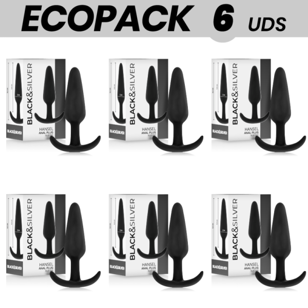 ECOPACK 6 UNIDADES - PLUG ANAL DE SILICONE BLACK&SILVER HANSEL COM CABO PEQUENO