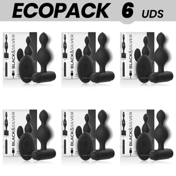 ECOPACK 6 UNIDADES - BLACK&SILVER TUCKER PEQUENO PLUG ANAL DE SILICONE CONTROLE REMOTO