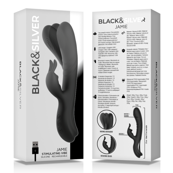 BLACK&SILVER - ESTIMULADOR DE COELHO DE SILICONE RECARREGÁVEL JAMIE PRETO - Image 7