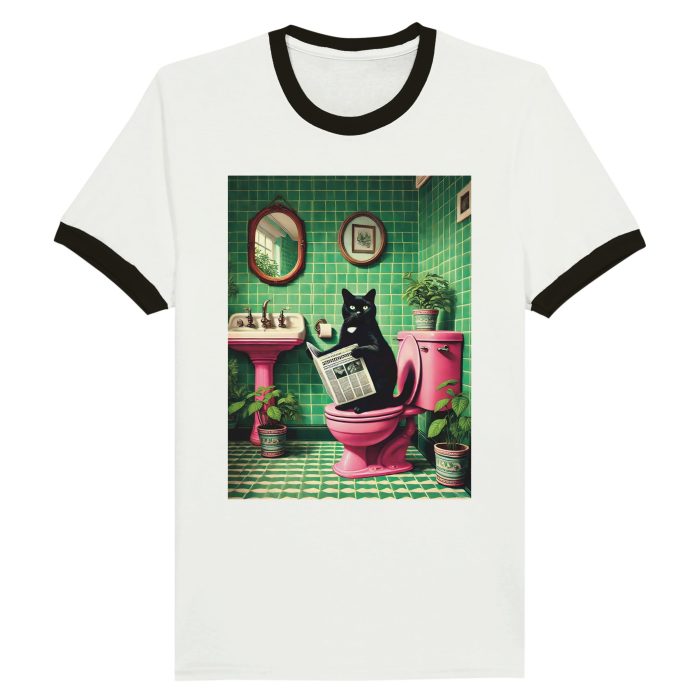 The Daily Meow T-Shirt: Cat Reading Newspaper on Toilet Unisex Ringer T-shirt