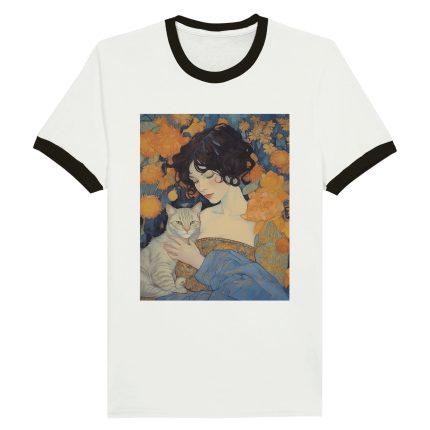 Woman Cat Portrait Aesthetic Poster Prints Unisex Ringer T-shirt