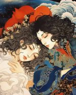 Intimate Portrait of Two Women with Floral Accents - Asian Inspired Art Aesthetic Poster Prints: Elevate Your Space with Trendy Designs