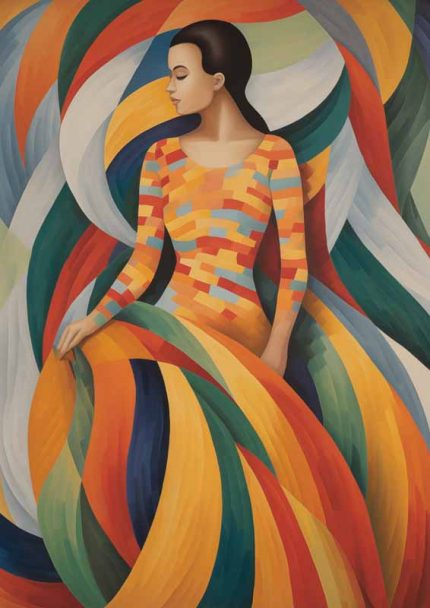 Woman in Colorful Dress: Art Deco Painting