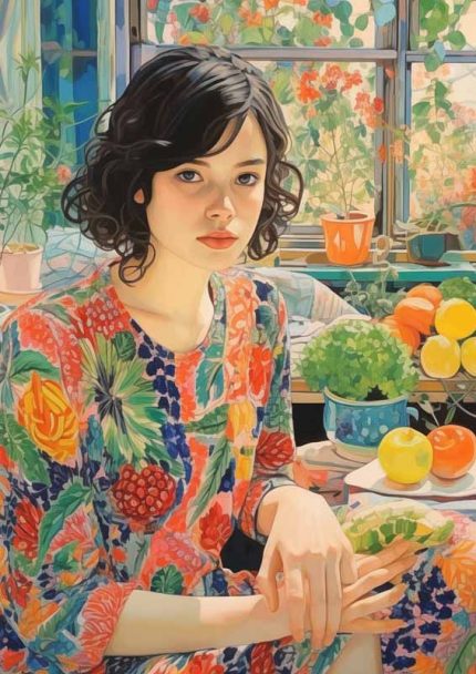 Woman in Colorful Dress: Art Deco Painting