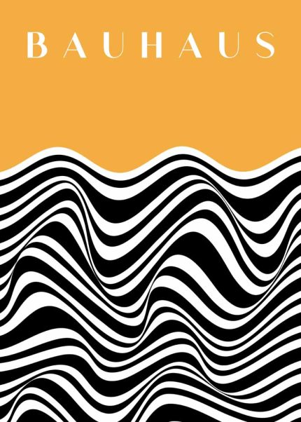 Bauhaus Op Art Poster - Black & White Wavy Lines with Yellow Top Bauhaus Printed Poster