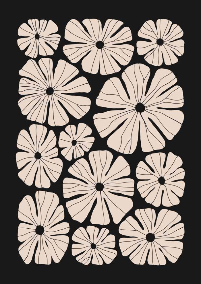Stylized Floral Pattern - Beige & Black Theme - Minimalist Art Botanical Flower Print Wall Art Poster - Image 1