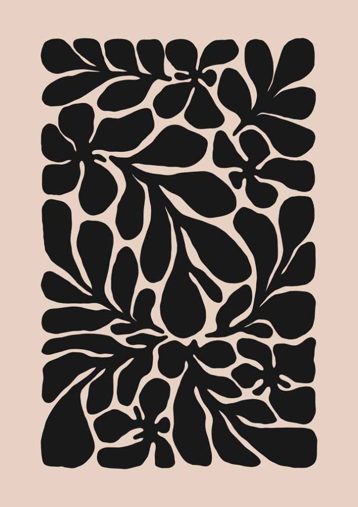 Stylized Floral Pattern - Beige & Black Theme - Minimalist Art Botanical Flower Print Wall Art Poster - Image 1
