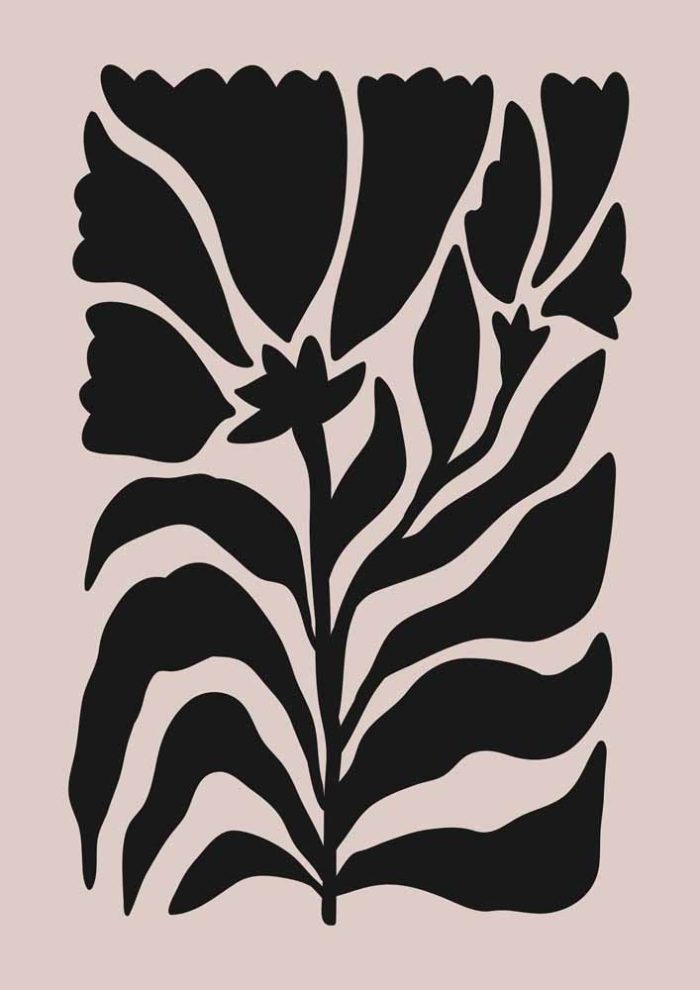 Stylized Floral Pattern - Beige & Black Theme - Minimalist Art Botanical Flower Print Wall Art Poster - Image 1