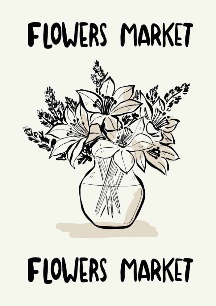 Stylized Floral Pattern - Beige & Black Theme - Minimalist Art Botanical Flower Print Wall Art Poster - Image 1