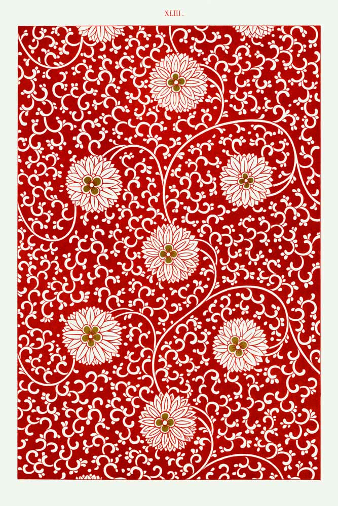 Ornate Floral Pattern - Red and White Vintage Design - Plate XLIII Floral Botanical Flower Print Wall Art Poster