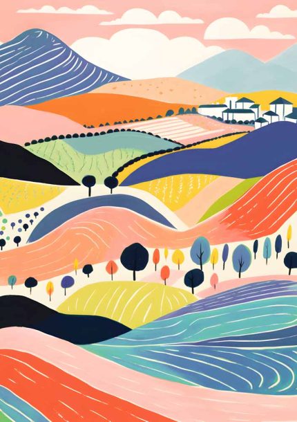 Rolling Hills Landscape - Colorful Countryside Art Print