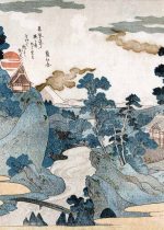 Mountain Landscape with Temples and a Setting Sun Traditional Japanese Traditional Wall Art