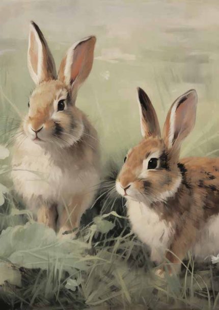 Two Rabbits in a Field | Rabbit Pair Art Print Neutral Theme Vintage Posters Wall Art Poster