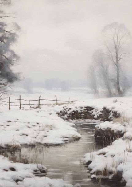 Snowy River Landscape | Winter Stream Art Print Neutral Theme Vintage Posters Wall Art Poster