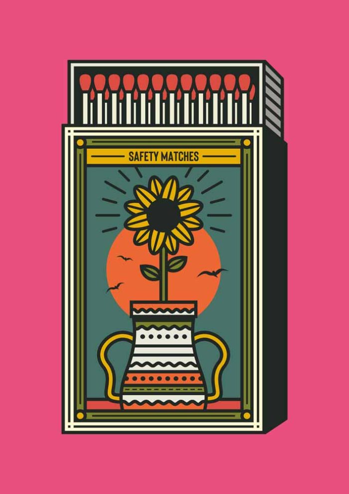 Safety Matches Sunflower Illustration - Matchbox Art Print Trendy Colorful Poster Wall Art Aluminum Print - Image 1
