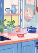 Kitchen Interior Art Print | Cozy Kitchen Scene Poster | Homey Kitchen Wall Décor Eclectic Trendy Colorful Wall Art Poster