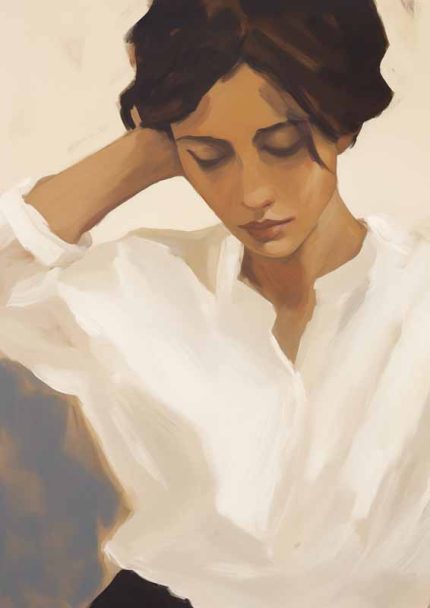 Woman in White Shirt Art Print | Classic Portrait Poster | Timeless Female Figure Eclectic Trendy Colorful Wall Art Poster