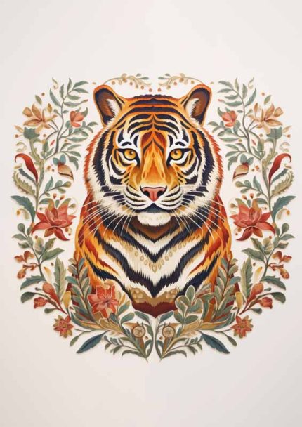 Tiger Portrait with Floral Wreath: Artistic Illustration  Eclectic Trendy Colorful Wall Art Poster