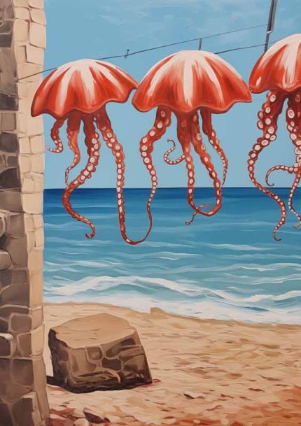 Surreal Beach Scene with Hanging Jellyfish: Painting Eclectic Trendy Colorful Wall Art Poster