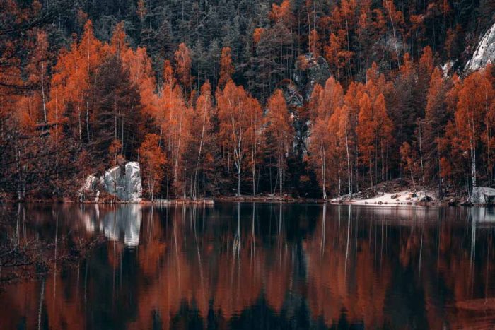 Autumn Reflections at Adršpach Lake Stock Image - Image 1
