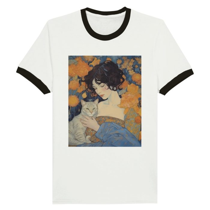 Woman Cat Portrait Aesthetic Poster Prints Unisex Ringer T-shirt