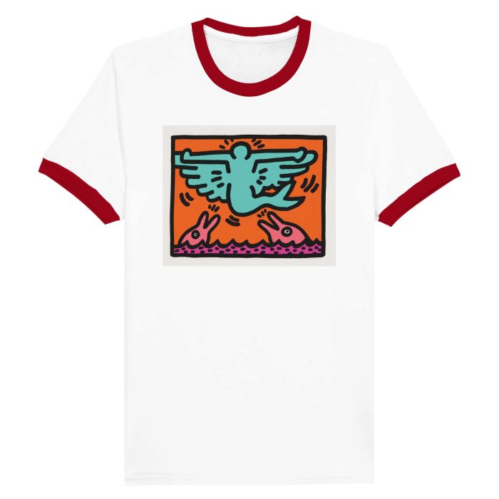 Flying Figure Graphic Tee | Pop Art Ringer T-Shirt | Street Art Inspired Tee Unisex Ringer T-shirt - Image 3