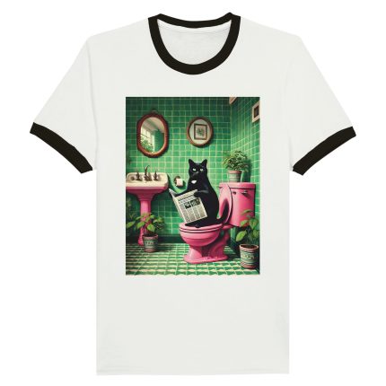 The Daily Meow T-Shirt: Cat Reading Newspaper on Toilet Unisex Ringer T-shirt