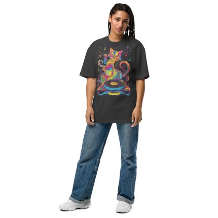 Psychedelic Groovy Cat DJ Oversized faded t-shirt