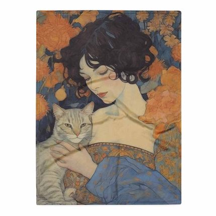 Dreamy Woman with Cat Amidst Golden Flowers Painting Aesthetic Poster Prints: Elevate Your Space with Trendy Designs