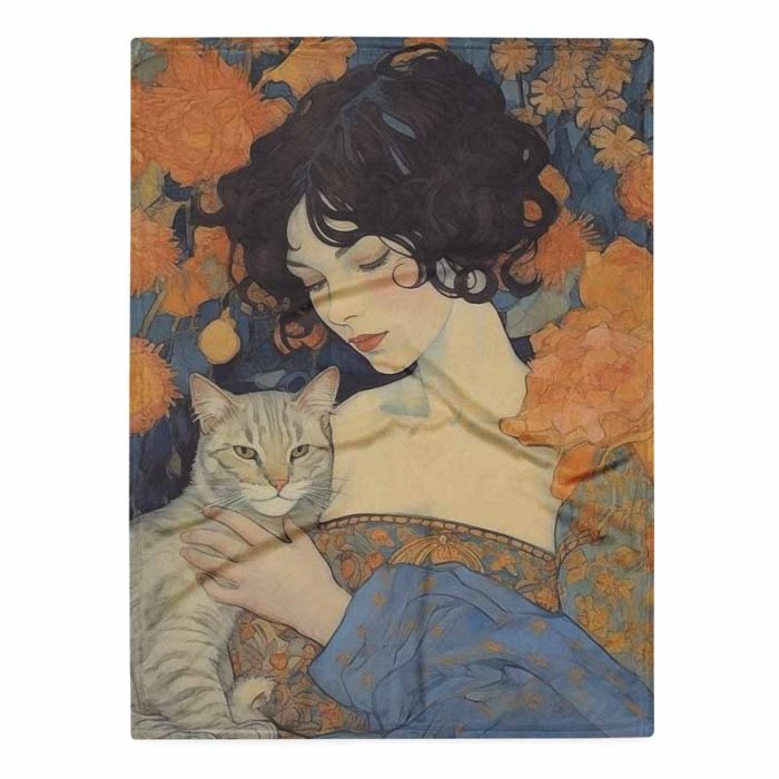 Dreamy Woman with Cat Amidst Golden Flowers Painting Aesthetic Poster Prints: Elevate Your Space with Trendy Designs - Image 1