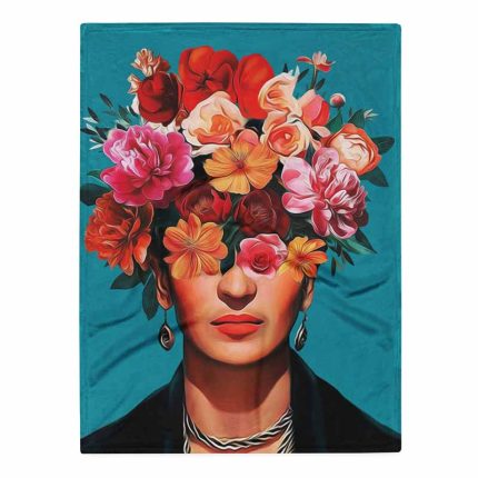 Frida Kahlo Floral Portrait Art Print, Surreal Portrait, Mexican Art, Flower Crown, Pop Art Style Throw Blanket